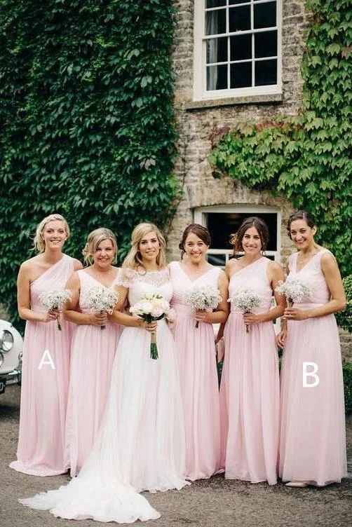 A Line Pink One Shoulder Chiffon Long Simple Bridesmaid Dresses, Wedding Party Dresses STK15552 Tunics Travel practical