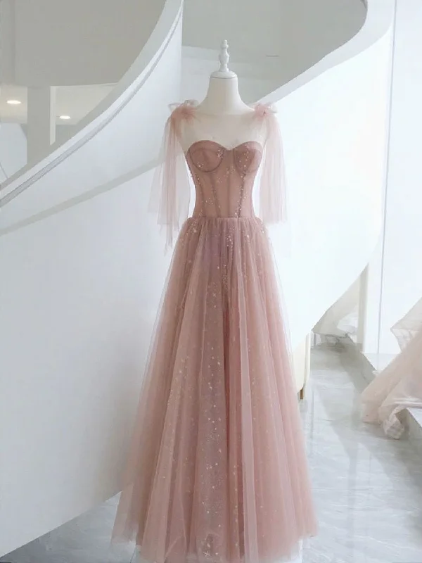 A-Line Pink Round Neck Tulle Long Prom Dresses, Pink Formal Evening Dress Tunics Short Trendy