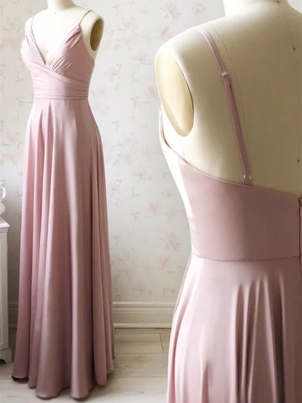 A Line Pink Satin Long Prom Dresses, A Line Pink Satin Long Formal Evening Dresses Tunics Stylish elegant