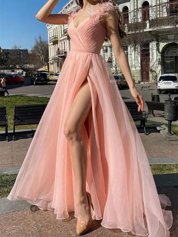 A Line Pink Tulle Long Prom Dresses With Leg Slit, Pink Tulle Long Formal Evening Dresses Tunics Stylish elegant