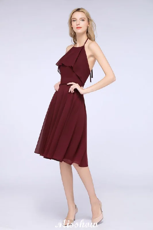 A-Line Ruffles Chiffon Halter Knee-Length Party Dress Simple Bridesmaid Dress Tunics Brand named A-Line Ruffles Chiffon Halter Knee-Length Party Dress Simple Bridesmaid Dress Tunics Brand named