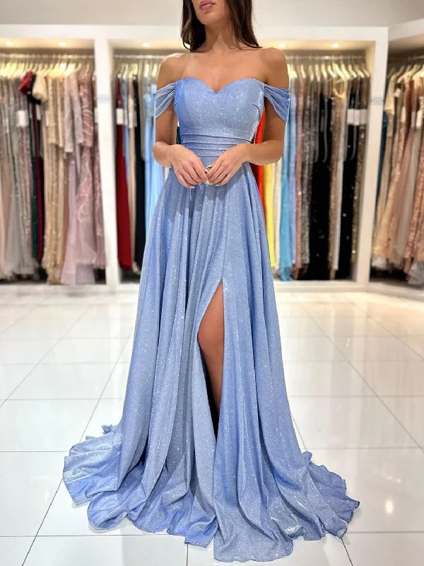 A-Line Sweetheart Neck Off Shoulder Blue Long Prom Dress, Blue Formal Evening Dress Tunics Practical easy-care