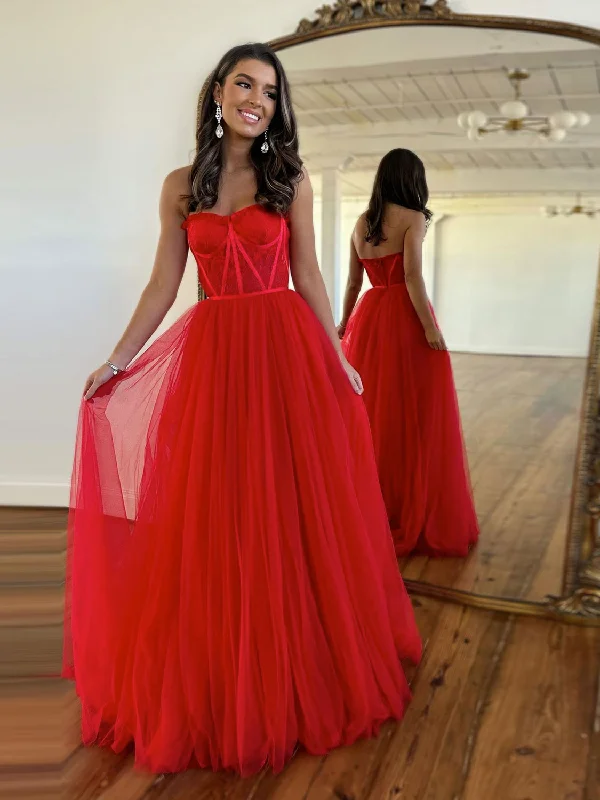 A-Line Sweetheart Neck Red Lace Long Prom Dress, Red Formal Evening Dress Mermaid Tail Wedding