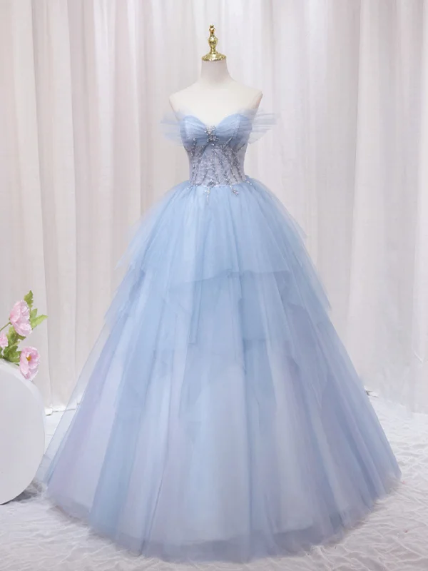 A-Line Sweetheart Neck Tulle Lace Blue Long Prom Dress, Blue Formal Evening Dress A-Line Day Work