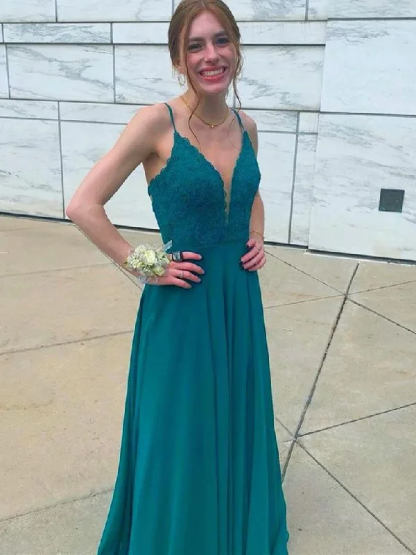 A Line V Neck Green Lace Chiffon Long Prom Dresses, Open Back Green Formal Graduation Evening Dresses, Green Lace Bridesmaid Dresses Tunics Seasonal trendy