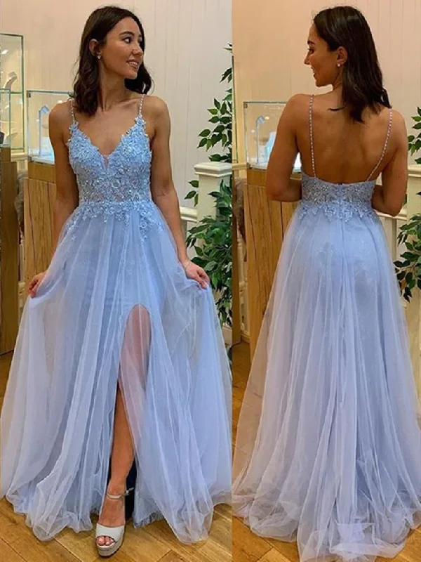 A Line V Neck Light Blue Lace Prom Dresses, Light Blue Lace Formal Evening Dresses Tunics Stylish modern