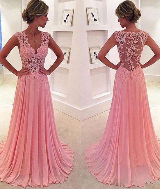 A-line v neck pink chiffon lace long prom dress, pink evening dress Tunics Denim casual