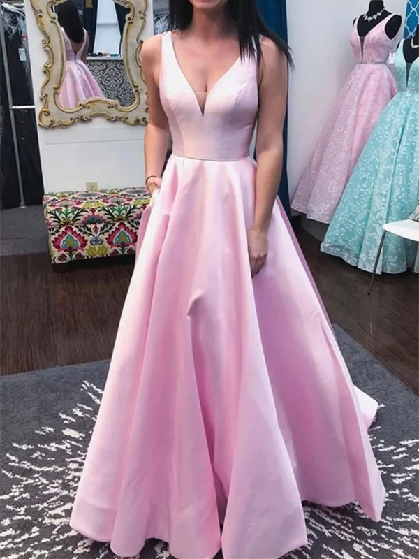 A Line V Neck Pink Satin Long Prom Dresses, A Line V Neck Pink Satin Long  Formal Evening Dresses Tunics Velvet soft