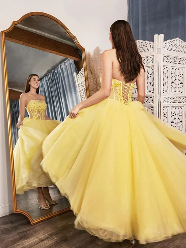 A Line Yellow High Low Tulle Lace Long Prom Dresses, Yellow Tulle Tea Length Lace Formal Evening Dresses Boat Neckline Classic