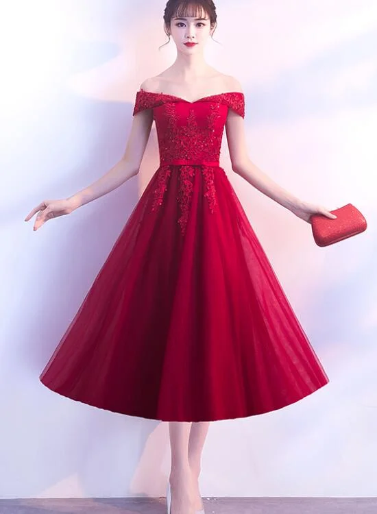 Adorable Dark Red Tea Length Wedding Party Dress, Tulle Off Shoulder Prom Dress Tunics Spring floral