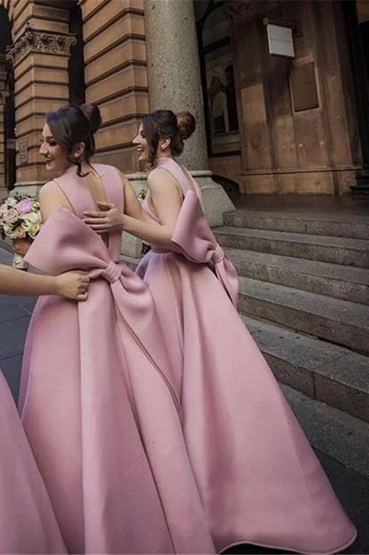 Ball Gown High Neck Satin V Neck Bridesmaid Dresses with Bowknot, Wedding Party Dress SRS15559 Tunics Recommended stylist