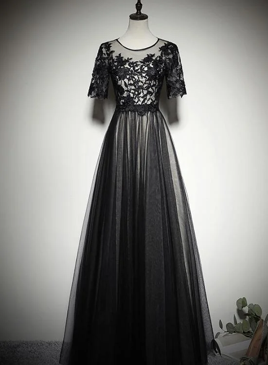 Beautiful Black Short Sleeves Lace and Tulle Long Prom Dress, Long Party Dress Tunics Custom made