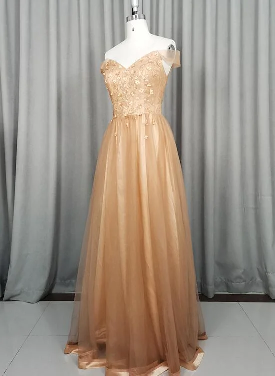 Beautiful Champagne Off Shoulder Tulle A-line Party Dress, Long Prom Dress Tunics Evening elegant