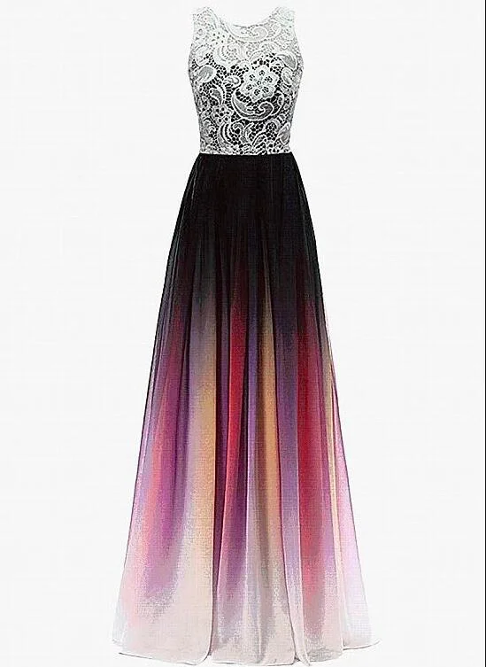 Beautiful Chiffon and Lace Long A-line Gradient Party Dress, Prom Dress Tunics Top Casual