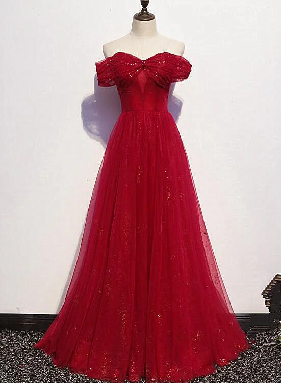 Beautiful Dark Red A-line Off Shoulder Prom Gown, Wine Red Party Dress Tunics Distressed trendy