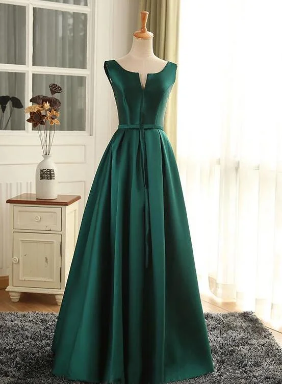 Beautiful Green Satin Long Simple Party Dress, Green Prom Dress Crew Neckline Sporty