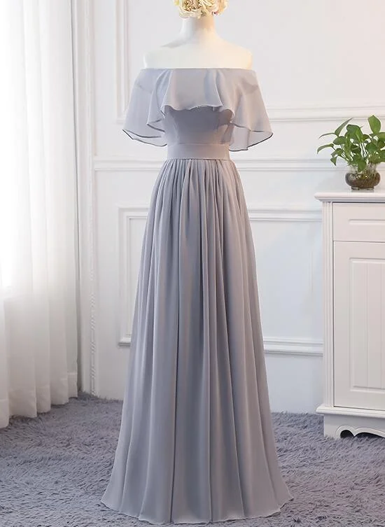 Beautiful Light Grey Chiffon Off Shoulder Party Dress, Long Grey Bridesmaid Dress Tunics Prom sequined