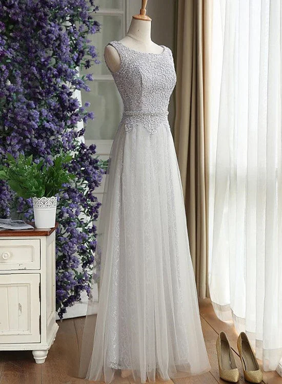 Beautiful Light Grey Lace and Tulle Long Party Dress, A-line Prom Dress Tunics Chic elegant