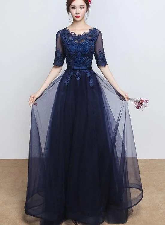 Beautiful Navy Blue Tulle Long Bridesmaid Dress, A-line Party Dress Tunics Versatile stylish