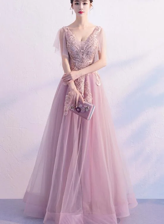 Beautiful Pink Tulle Party Dress with Train, A-line Prom Dress Tunics Favorite customer