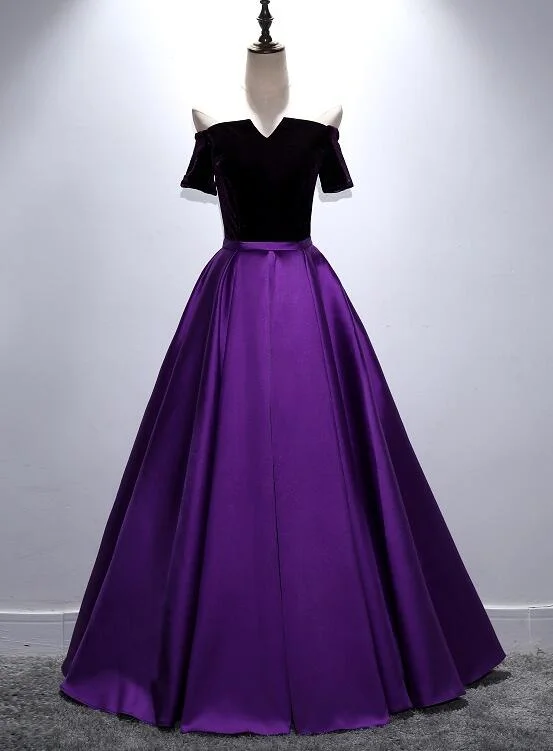 Beautiful Purple and Black Long Party Dress, Off Shoulder Prom Dress Tunics Solid Classic