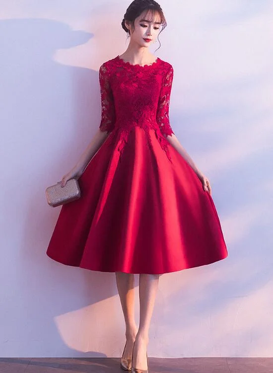 Beautiful Red Satin and Lace Party Dress 2020, Red Short Formal Dress Square Neckline Feminine