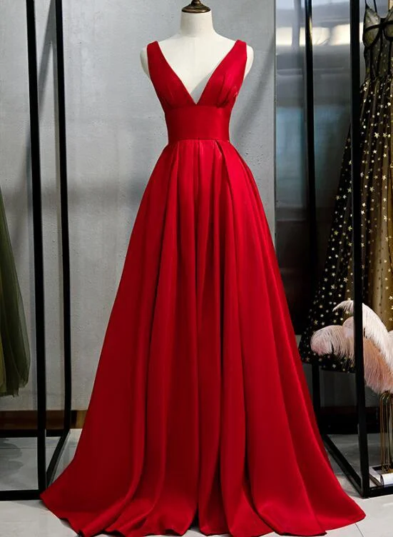 Beautiful Red Satin V-neckline Party Dress, Red Prom Dress Tunics Trendy modern