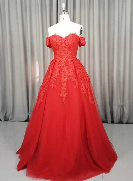 Beautiful Red Tulle Sweetheart Long Lace Applique Party Dress, Floor Length Prom Dress Tunics Fleece cozy