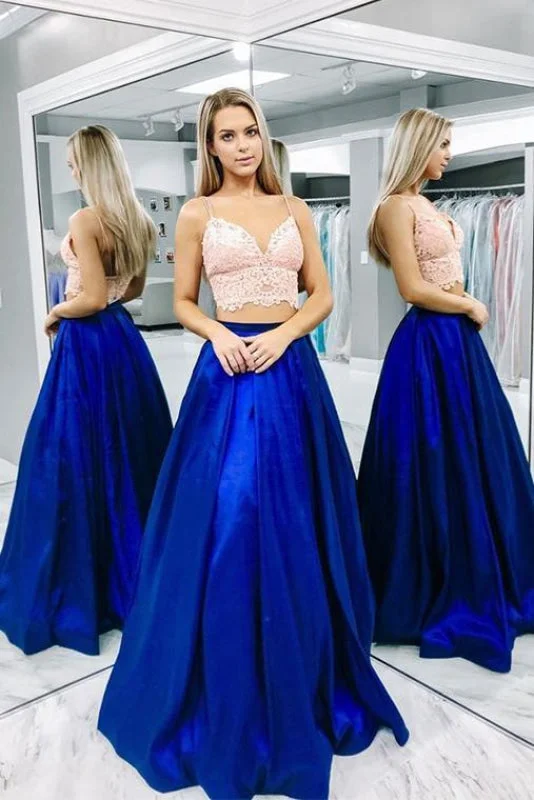 Beautiful Two Pieces Royal Blue Satin Prom Dresses Spaghetti Strap Long Party Dress Bodycon Fitted Nightout