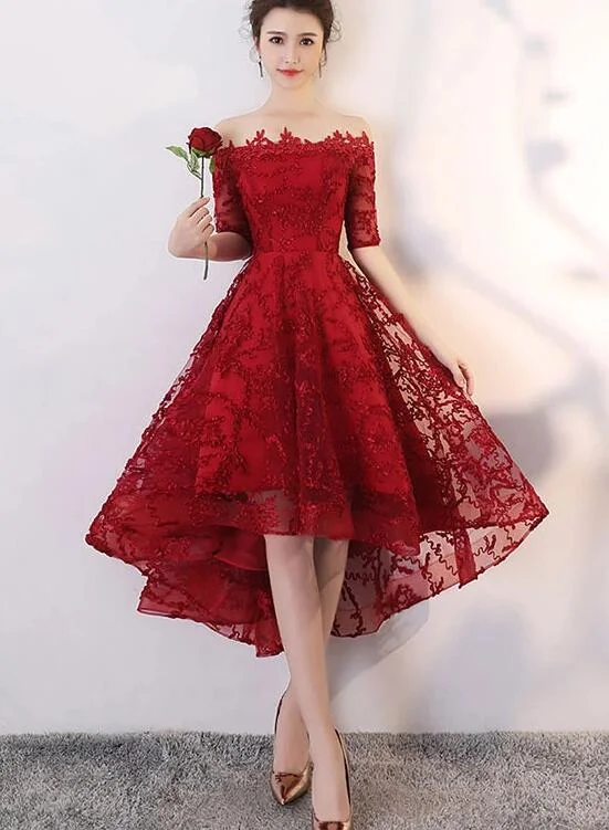 Beautiful Wine Red Lace Party Dress, High Low Prom Dress Tunics Top Casual