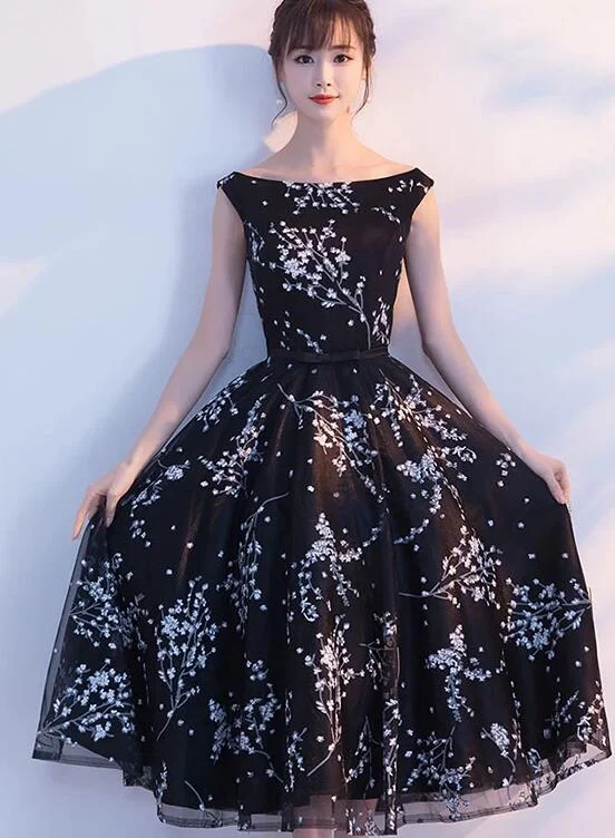 Black Floral Tea Length Evening Party Dress, Black Formal Dress Tunics Velvet soft