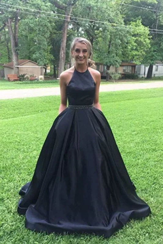 Black Halter Satin Prom Beading Long Evening Dress with Pockets Chiffon Maxi Beach