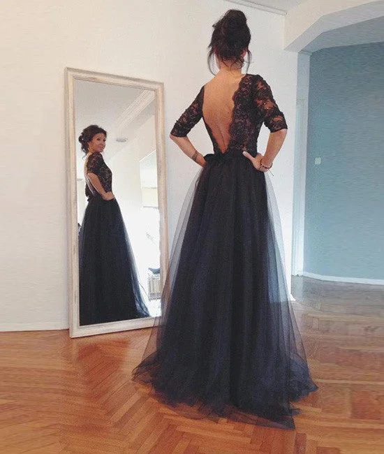 Black lace Tulle backless Long Prom Dress, Evening Dress Tunics Running lightweight