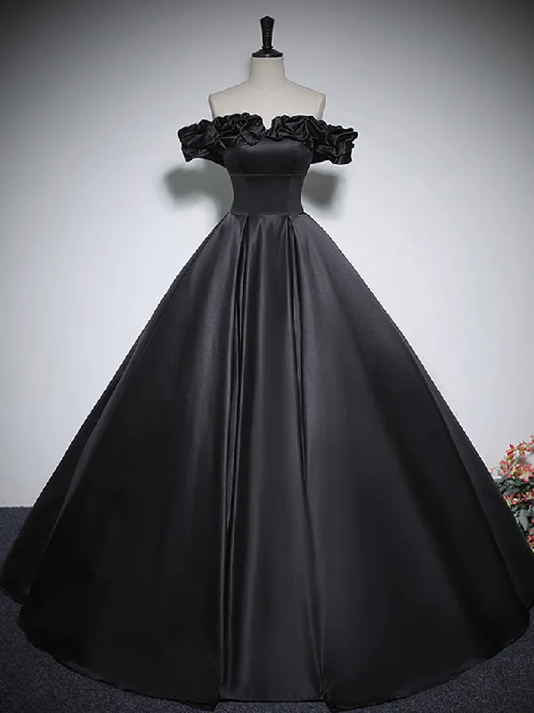 Black Off Shoulder Satin Long Prom Dress, Black Satin Evening Dress Tunics Exclusive limited