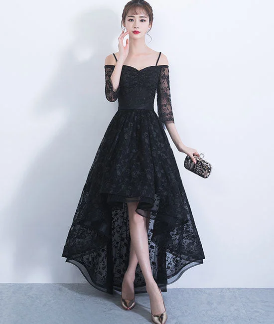 Black sweetheart lace high low prom dress, lace evening dress Tunics Chic elegant