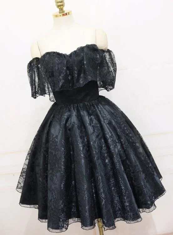 Black Sweetheart Off Shoulder Lace Party Dress, Black Homecoming Dress Tunics Luxurious high-end