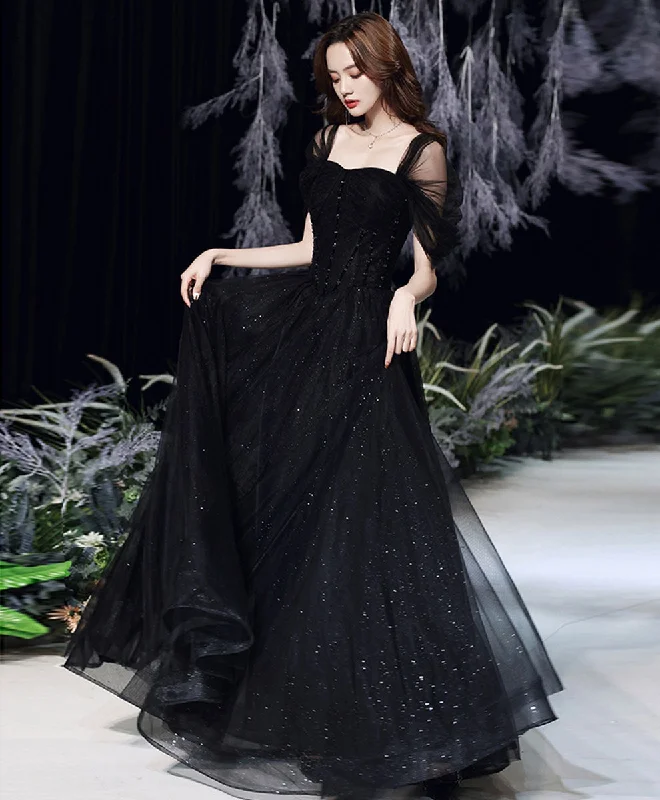 Black sweetheart off shoulder long prom dress, black tulle evening dress empire Waist empire