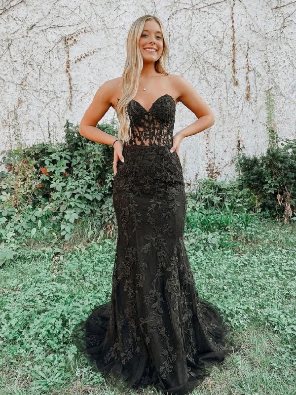 Black tulle lace mermaid long prom dress, black tulle lace evening dress Tunics Custom made