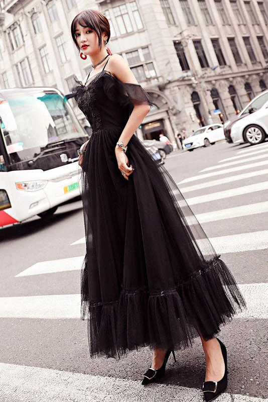 Black tulle lace tea length prom dress, lace tulle evening dress Tunics Spring floral