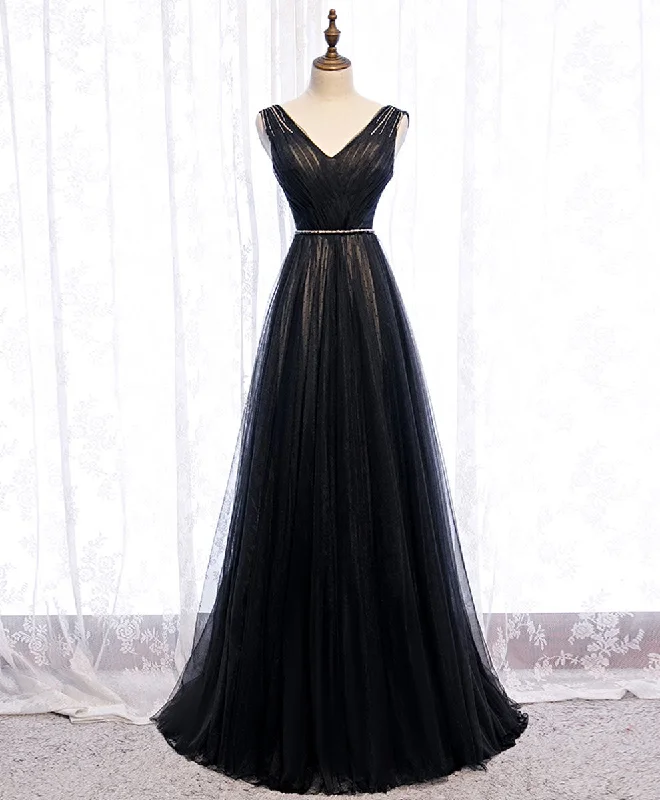 Black V Neck Tulle Lace Long Prom Dress Black Evening Dress Tunics New arrival