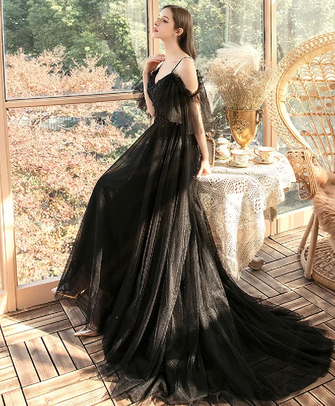 Black V Neck Tulle Lace Long Prom Dress Black Evening Dress Chiffon Maxi Beach