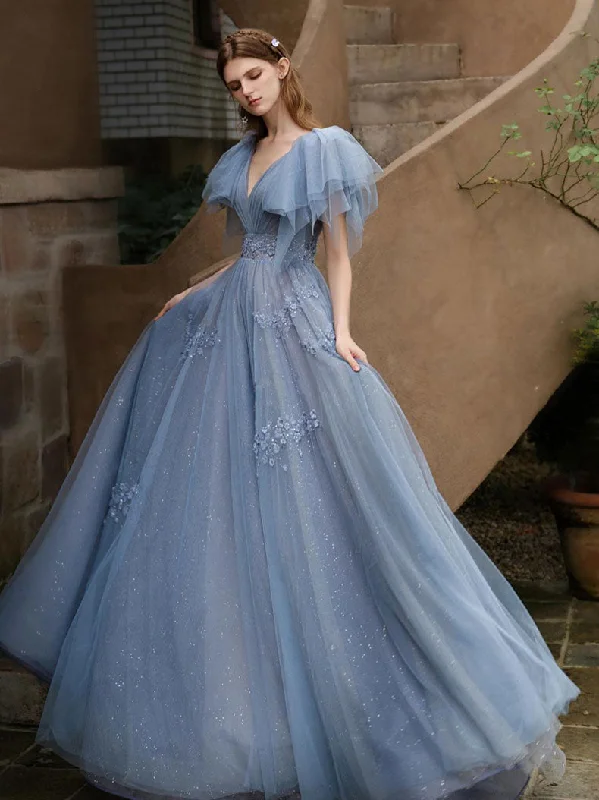 Blue A line tulle long prom dress blue formal party dress Satin Halter Glamorous