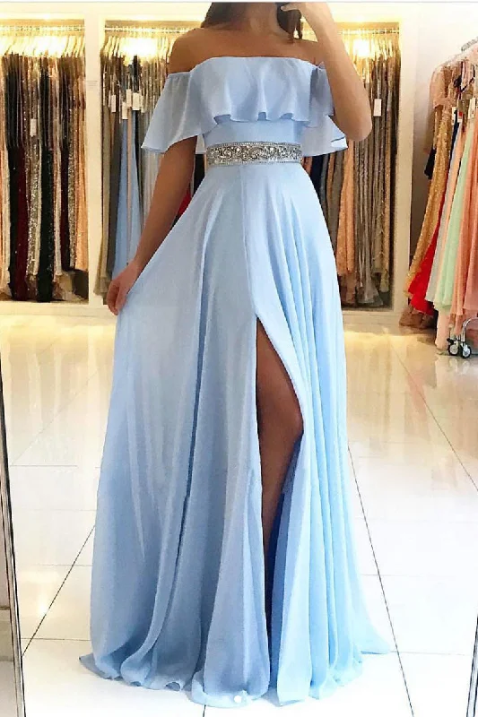 Blue chiffon long prom dress, blue chiffon evening dress Tunics Occasion special