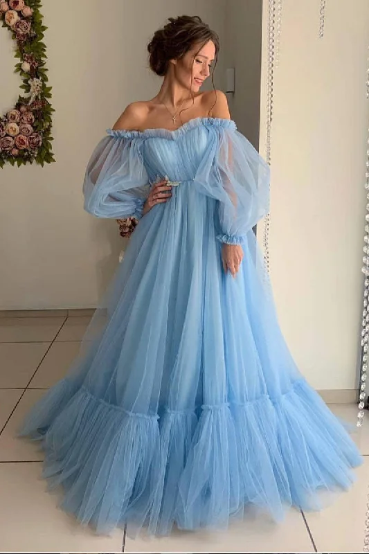 Blue tulle long prom dress, blue tulle evening dress Tunics Trousers formal