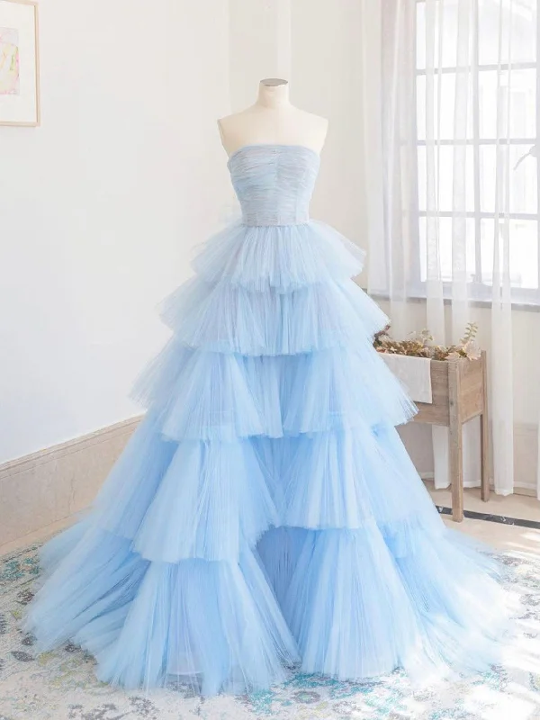 Blue tulle long prom dress, blue tulle evening dress Tunics Modern contemporary