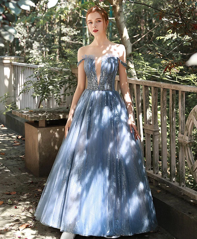 Blue Tulle Sequin Off Shoulder Long Prom Dress Tulle Evening Dress Tunics Ceremony elegant