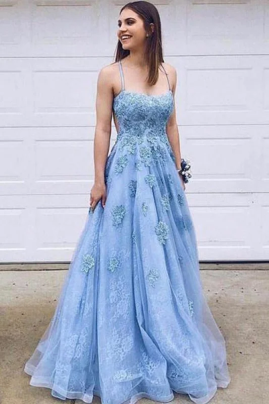 Blue Tulle Spaghetti Straps Long Prom Evening Dress With Lace Applique Tunics Timeless classic