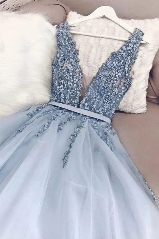 Blue V Neck Tulle Beading Prom Dress Gorgeous Backless Long Evening Dresses Tunics Long Elegant