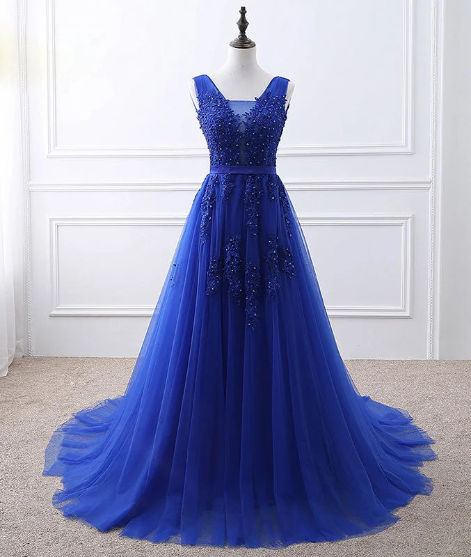 Blue v neck tulle lace long prom dress, blue evening dress Tunics Favorite customer