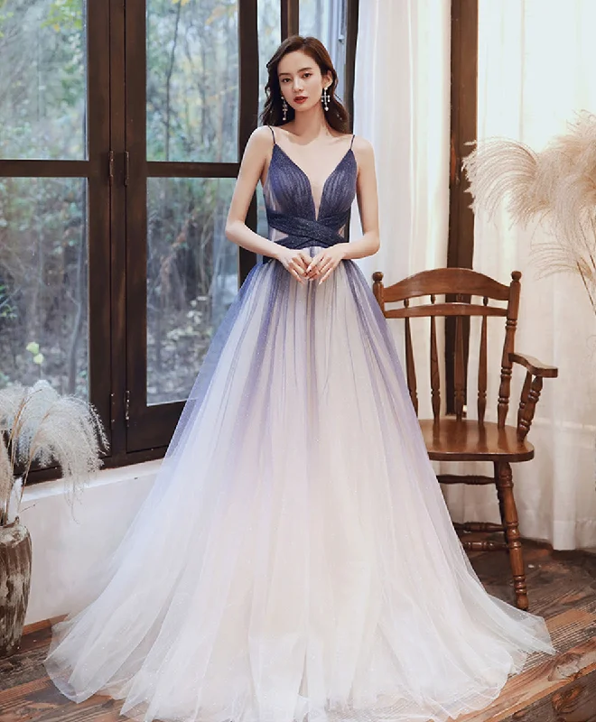 Blue V Neck Tulle Long Prom Dress Blue Tulle Evening Dress Pleated Skirt Elegant